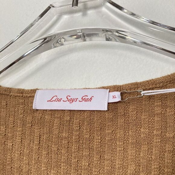 Lisa Says Gah Crop Top XL Caro Twist Front Rib Knit Tan Brown Long Sleeve - Picture 6 of 11